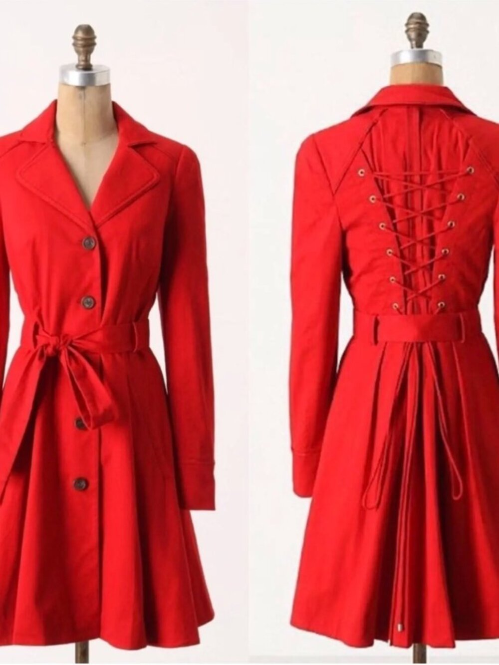 Red Anthropologie Corset Laced Trench Coat Elevenses Sz 6